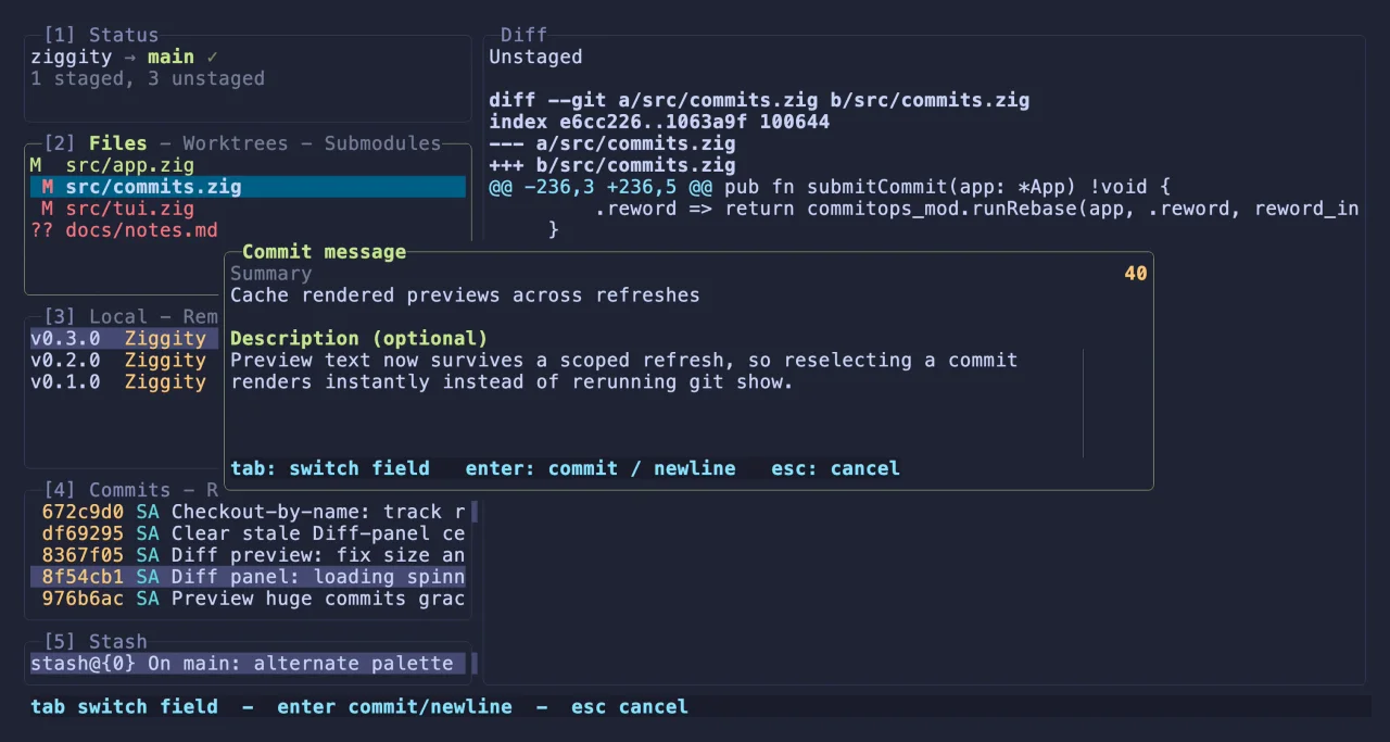 Ziggity commit dialog with a summary field and body guide.