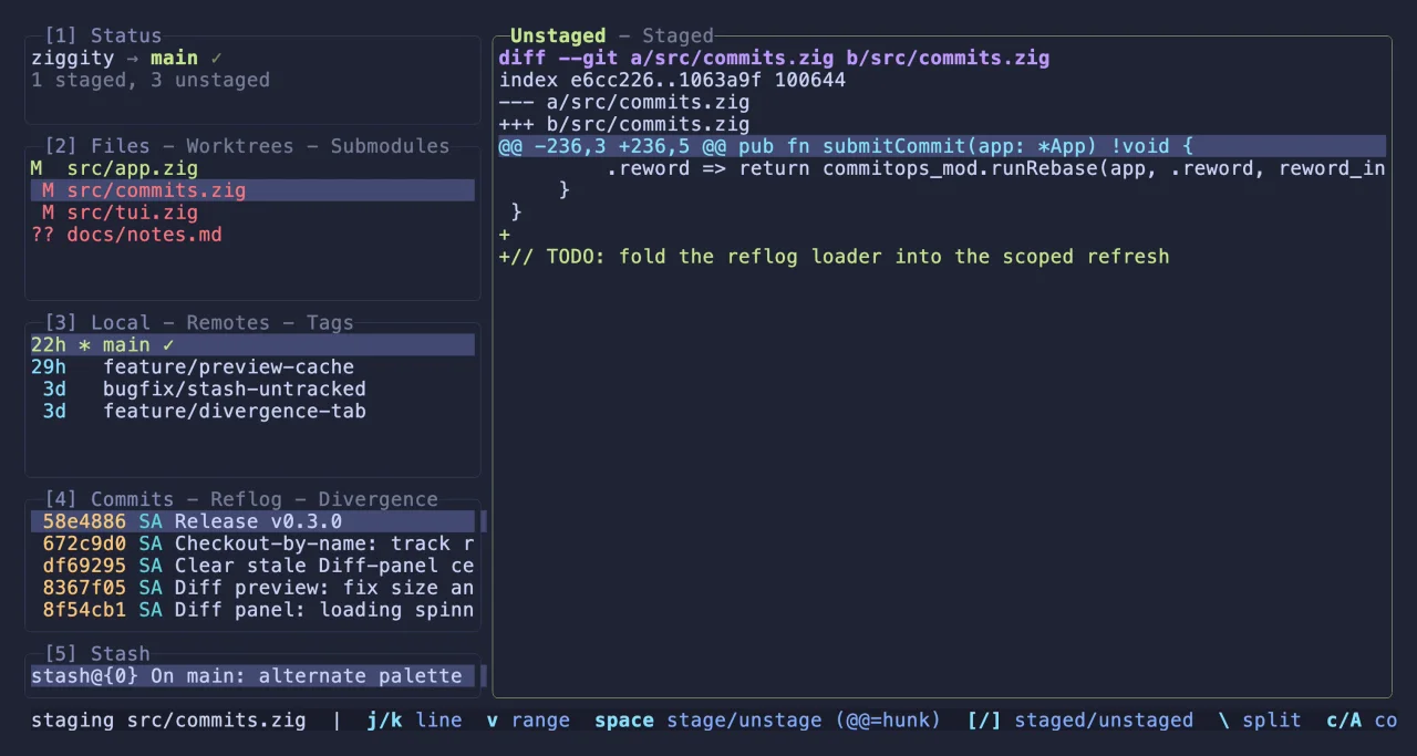 Ziggity staging view showing a selected line and a diff preview.